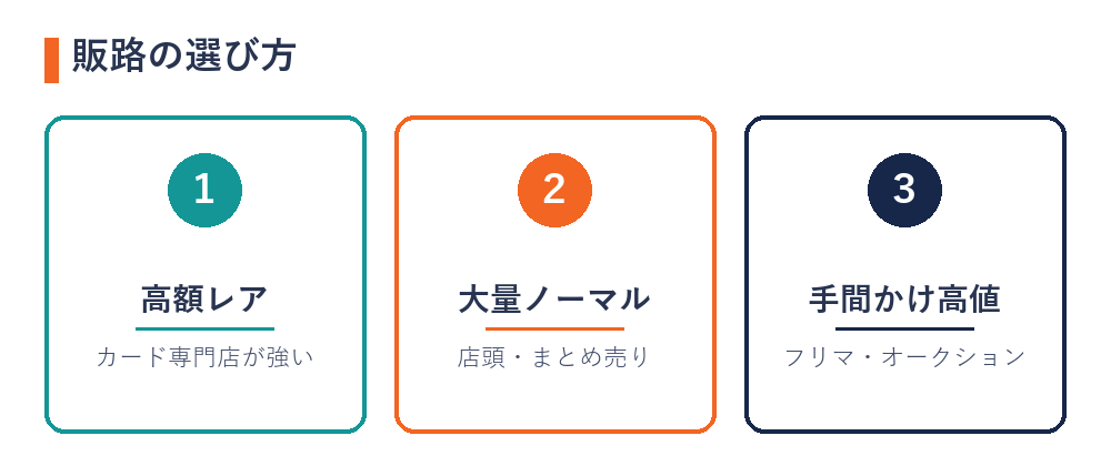 ポケカの販路の選び方（高額レアは専門店・大量ノーマルはまとめ売り・高値狙いはフリマ）