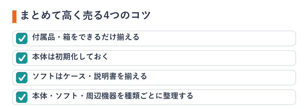まとめて高く売る4つのコツ（付属品・初期化・ソフト整理・種類分け）のチェックリスト図解