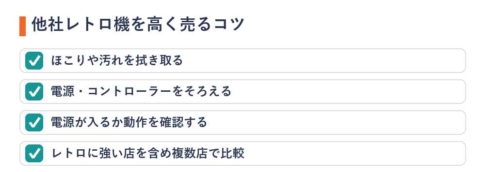 他社レトロ機を高く売るコツ（清掃・付属品・動作確認・比較）の図解