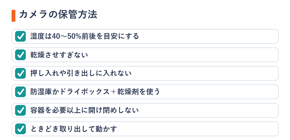 カメラの保管方法のチェックリスト（湿度40〜50%・乾燥させすぎない・押し入れを避ける・防湿庫か乾燥剤・開け閉めを減らす・ときどき使う）