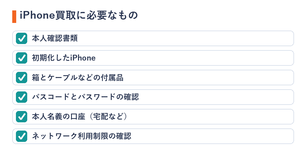 iPhone買取に必要なものチェックリスト（本人確認書類・初期化したiPhone・箱とケーブル・パスワードの確認・本人名義の口座・利用制限の確認）