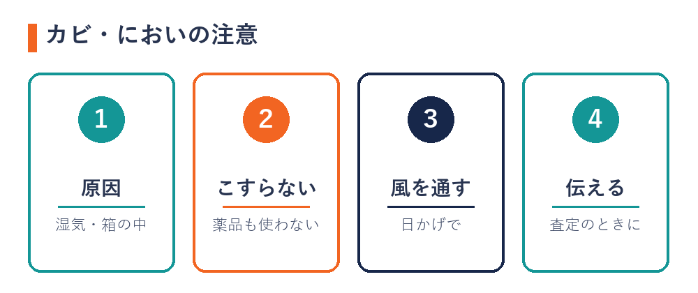 カビやにおいがあるバッグの注意（湿気と箱の中は原因・こすらない・日かげで風を通す・査定で伝える）