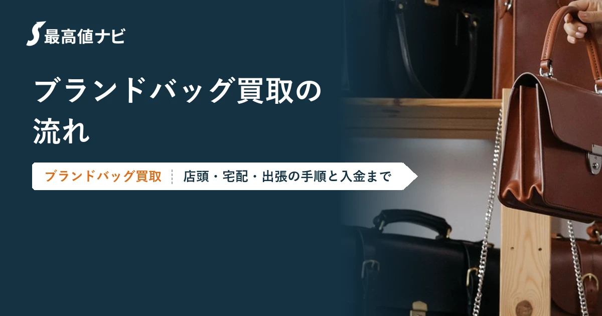 ブランドバッグ買取の流れ（店頭・宅配・出張の手順と入金まで）を解説するイメージ画像