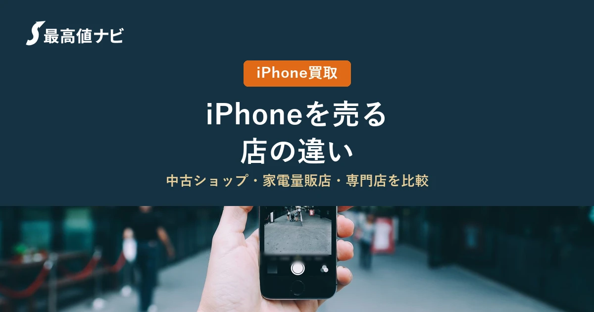 iPhoneを売る店の違い（中古ショップ・家電量販店・専門店の比較）を解説するイメージ画像