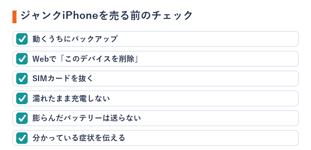 ジャンクiPhoneを売る前のチェック（バックアップ・Webでデバイスを削除・SIMカードを抜く・濡れたまま充電しない・膨張したら送らない・症状を伝える）