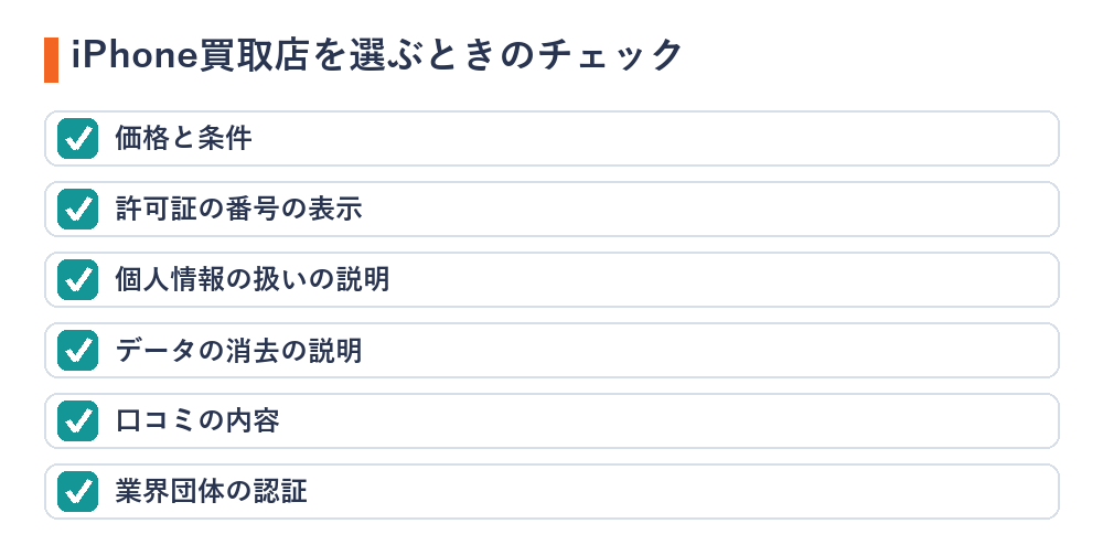 iPhone買取店を選ぶときのチェック（価格と条件・許可証の番号の表示・個人情報の扱いの説明・データの消去の説明・口コミの内容・業界団体の認証）