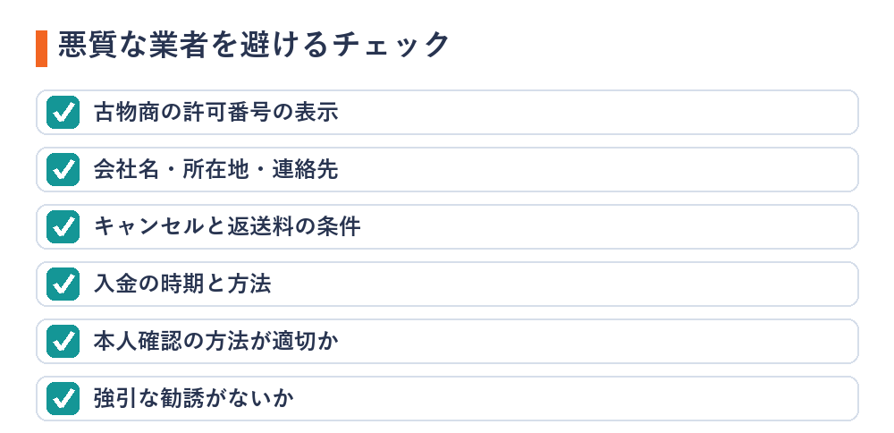 悪質な業者を避けるチェック（古物商の許可番号の表示・会社名と所在地と連絡先・キャンセルと返送料の条件・入金の時期と方法・本人確認の方法・強引な勧誘がないか）